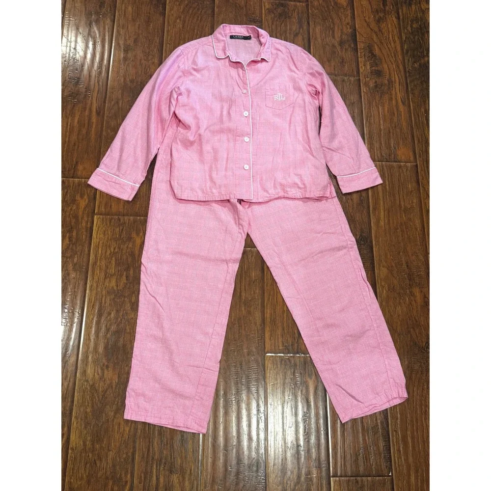 Lauren Ralph Lauren Pajama Set Pink Plaid Cotton Long Sleeve Button Down Medium